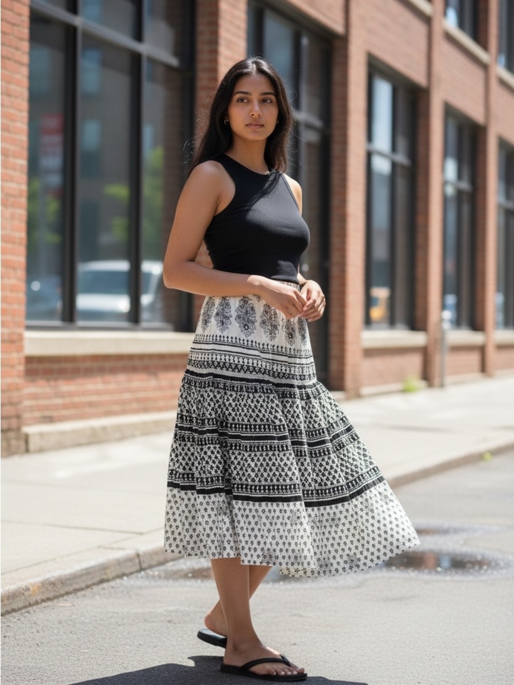 Context Black and White Floral Patterned SparklyA-Line Full Skirt Size 12 Petite